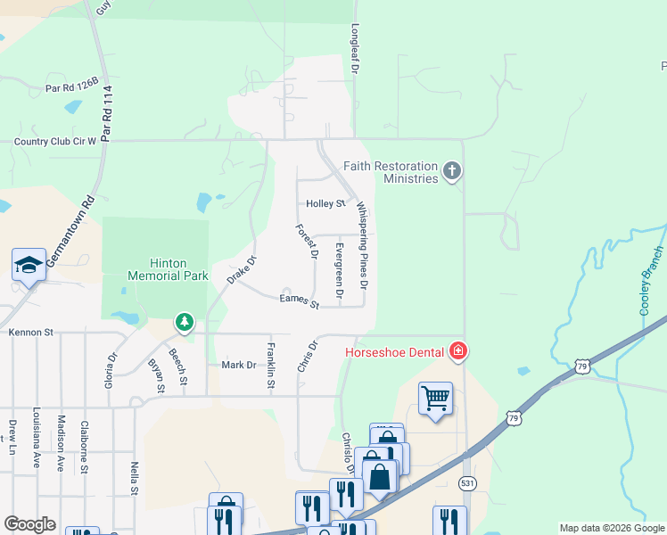 map of restaurants, bars, coffee shops, grocery stores, and more near 1306 Forest Drive in Minden
