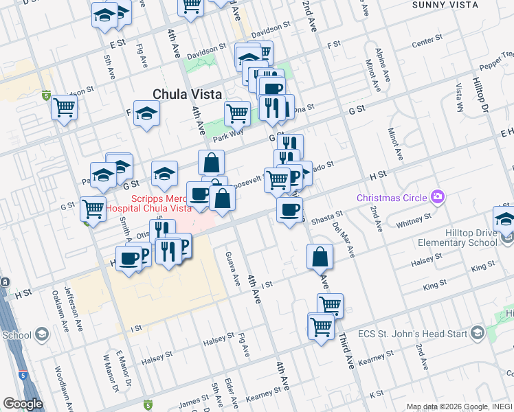 map of restaurants, bars, coffee shops, grocery stores, and more near 355 H Street in Chula Vista