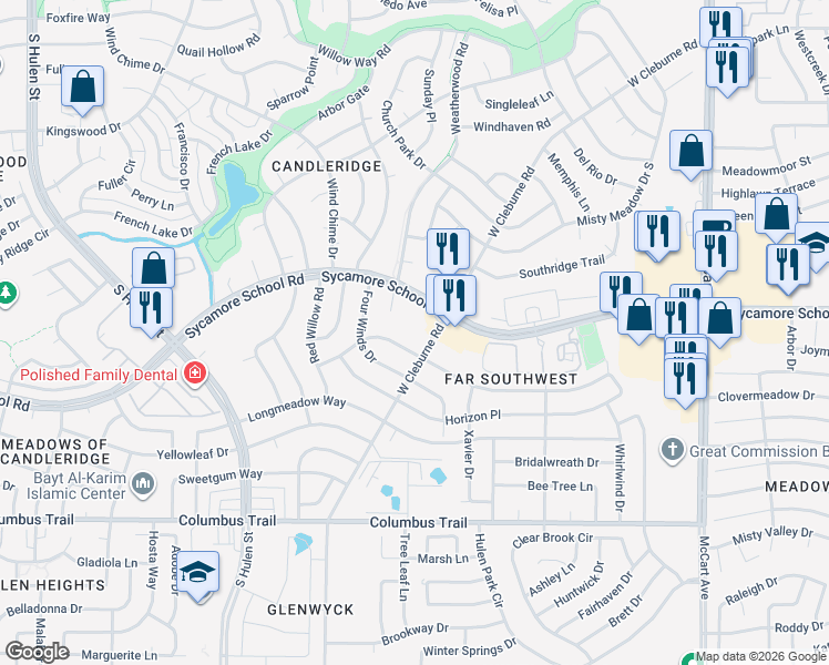 map of restaurants, bars, coffee shops, grocery stores, and more near 4016 7 Gables Street in Fort Worth