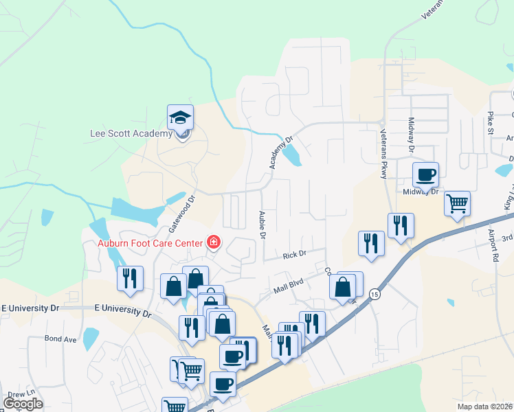 map of restaurants, bars, coffee shops, grocery stores, and more near 1293 Aubie Drive in Auburn