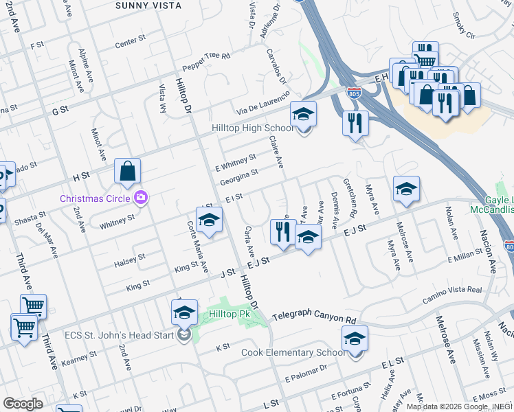 map of restaurants, bars, coffee shops, grocery stores, and more near 626 Belinda Way in Chula Vista