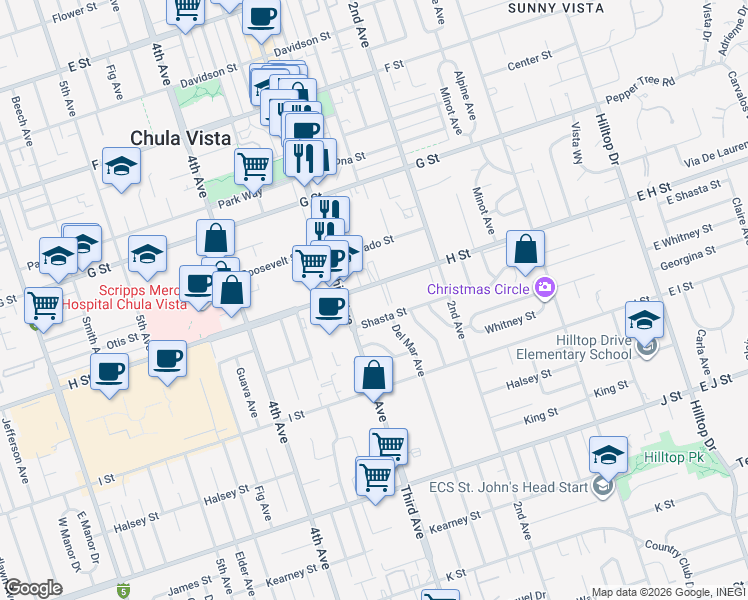 map of restaurants, bars, coffee shops, grocery stores, and more near in Chula Vista