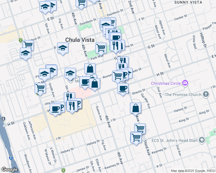 map of restaurants, bars, coffee shops, grocery stores, and more near 355 H Street in Chula Vista