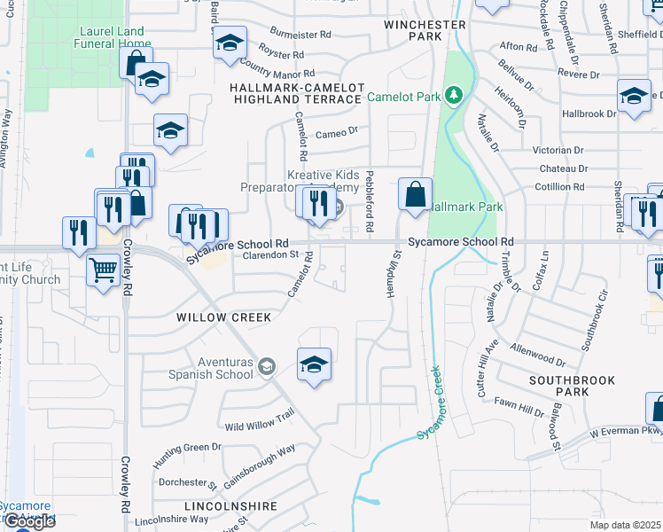 map of restaurants, bars, coffee shops, grocery stores, and more near 1301 Sycamore School Road in Fort Worth