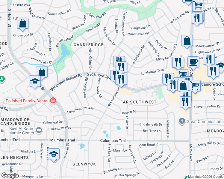 map of restaurants, bars, coffee shops, grocery stores, and more near 4016 7 Gables Street in Fort Worth