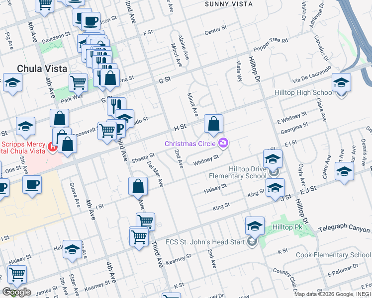 map of restaurants, bars, coffee shops, grocery stores, and more near 542 Patricia Avenue in Chula Vista