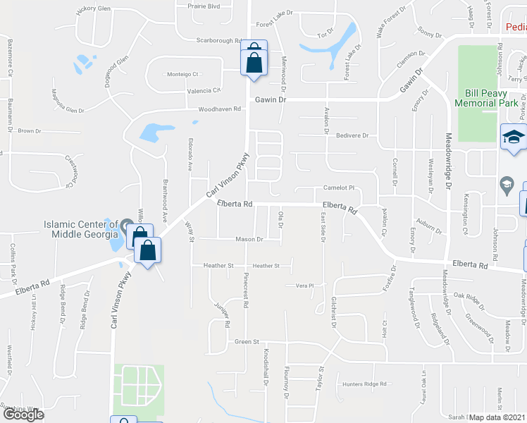 map of restaurants, bars, coffee shops, grocery stores, and more near 2204 Elberta Road in Warner Robins