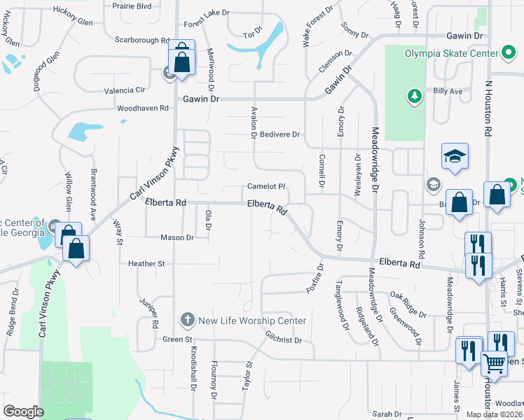 map of restaurants, bars, coffee shops, grocery stores, and more near 102 Fox Meadow Court in Warner Robins