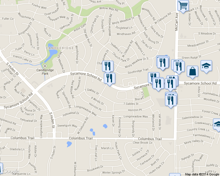 map of restaurants, bars, coffee shops, grocery stores, and more near 3951 Sycamore School Road in Fort Worth