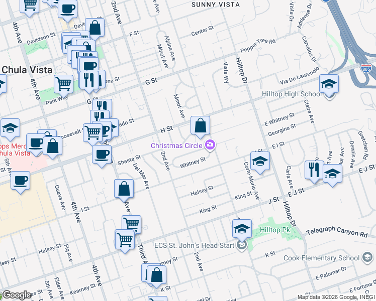 map of restaurants, bars, coffee shops, grocery stores, and more near 151 Mankato Street in Chula Vista