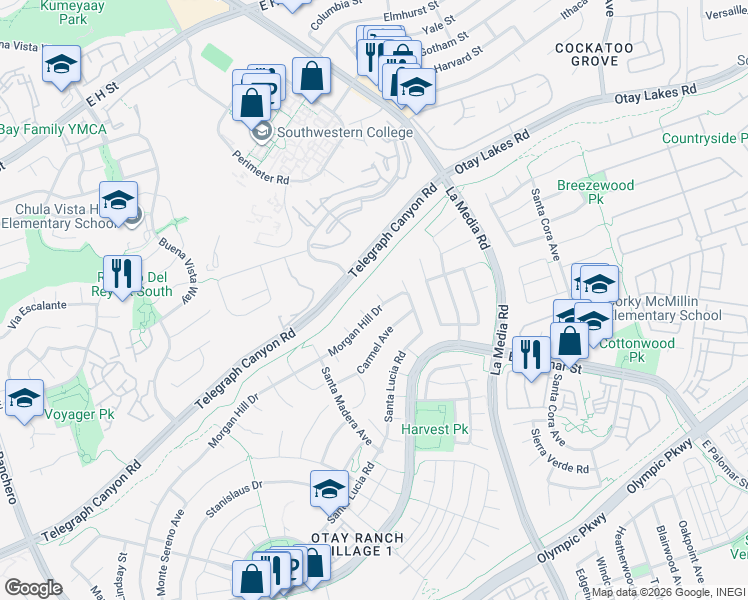 map of restaurants, bars, coffee shops, grocery stores, and more near 1164 Benecia Court in Chula Vista