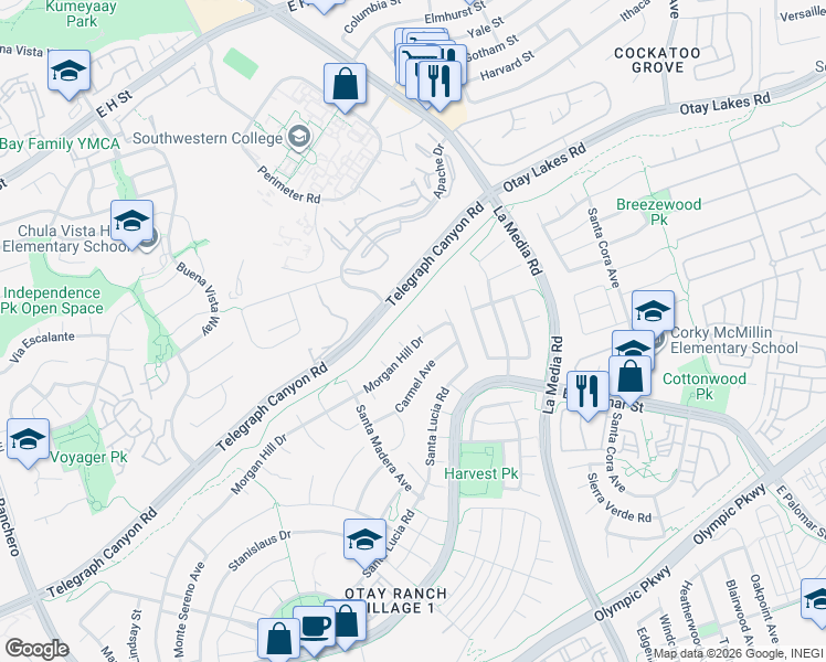 map of restaurants, bars, coffee shops, grocery stores, and more near 1164 Benecia Court in Chula Vista