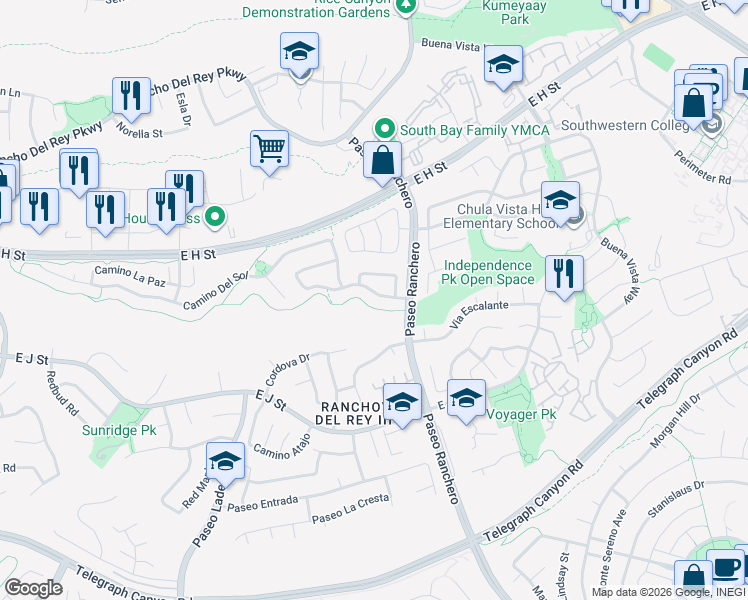 map of restaurants, bars, coffee shops, grocery stores, and more near 1136 Camino Del Rey in Chula Vista