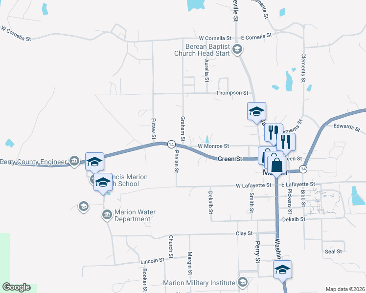 map of restaurants, bars, coffee shops, grocery stores, and more near 112 Graham Street in Marion