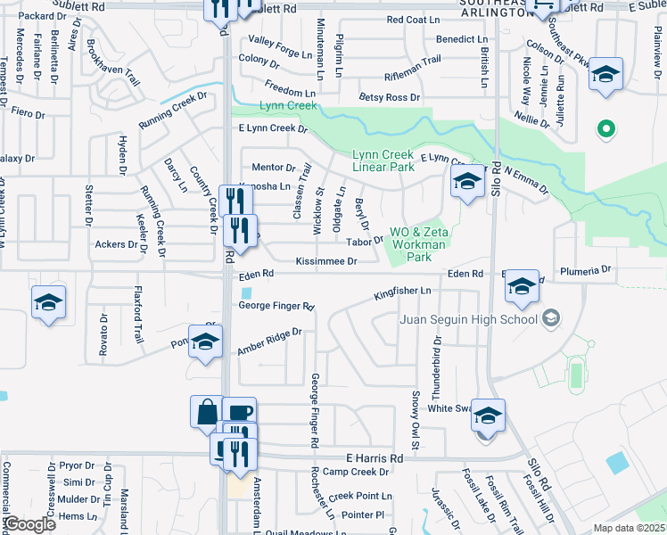 map of restaurants, bars, coffee shops, grocery stores, and more near 306 Kissimmee Drive in Arlington