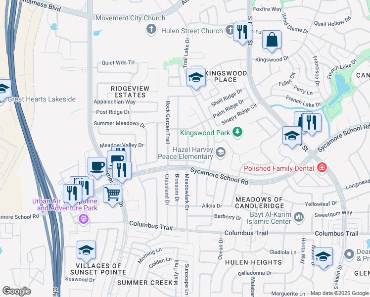 map of restaurants, bars, coffee shops, grocery stores, and more near 7508 Fallen Trail in Fort Worth