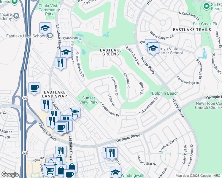 map of restaurants, bars, coffee shops, grocery stores, and more near 2380 Green River Drive in Chula Vista