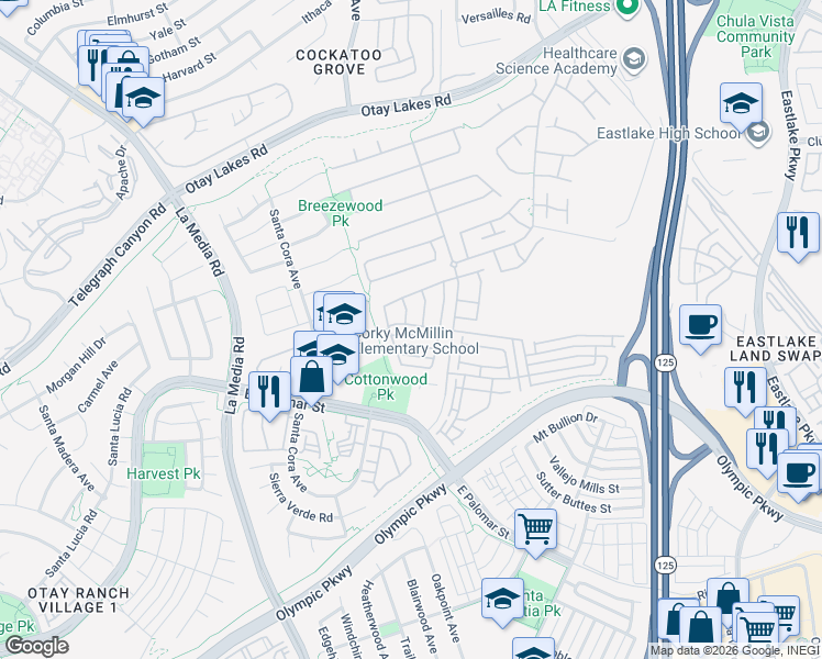 map of restaurants, bars, coffee shops, grocery stores, and more near 1841 Sebastopol Street in Chula Vista