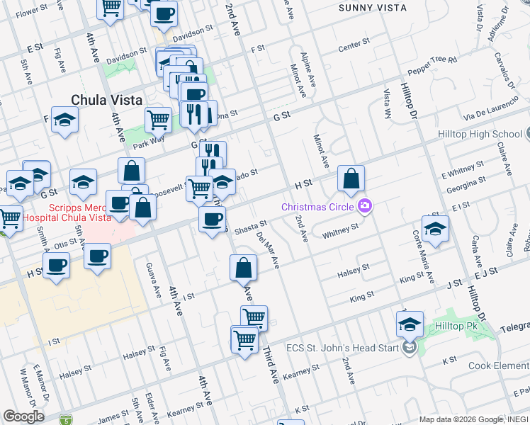 map of restaurants, bars, coffee shops, grocery stores, and more near 257 Shasta Street in Chula Vista