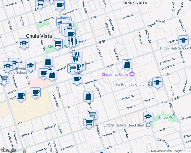 map of restaurants, bars, coffee shops, grocery stores, and more near 257 Shasta Street in Chula Vista
