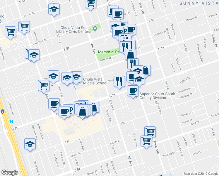 map of restaurants, bars, coffee shops, grocery stores, and more near 487 4th Avenue in Chula Vista