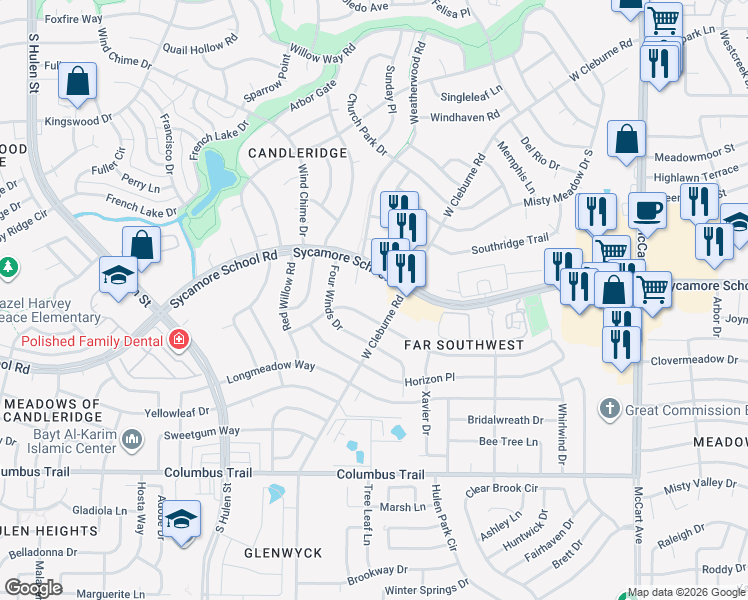 map of restaurants, bars, coffee shops, grocery stores, and more near 4016 7 Gables Street in Fort Worth