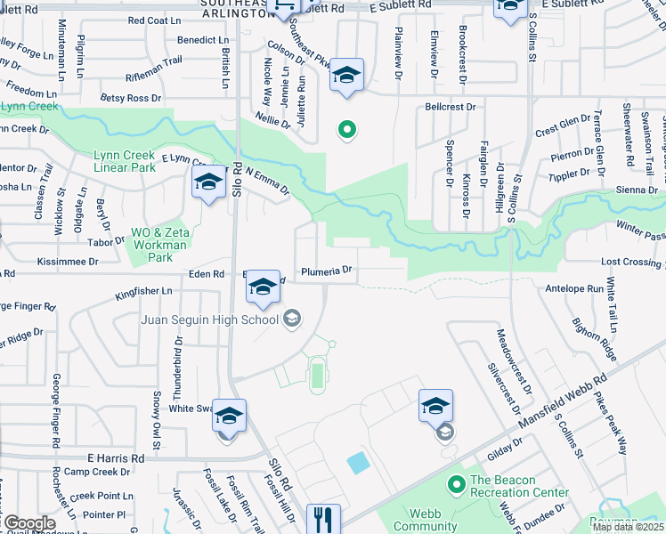 map of restaurants, bars, coffee shops, grocery stores, and more near 903 Plumeria Drive in Arlington
