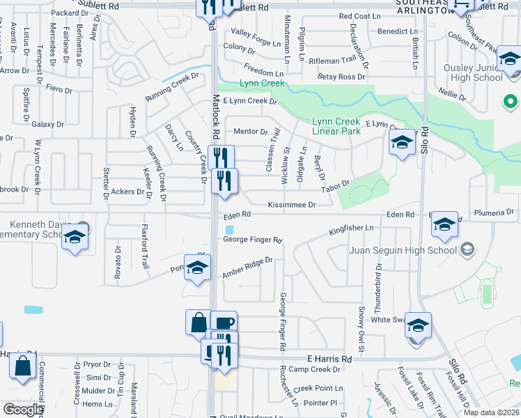 map of restaurants, bars, coffee shops, grocery stores, and more near 204 Kissimmee Drive in Arlington