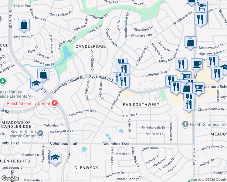 map of restaurants, bars, coffee shops, grocery stores, and more near 4016 7 Gables Street in Fort Worth