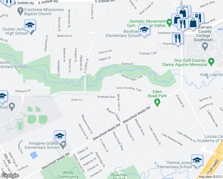 map of restaurants, bars, coffee shops, grocery stores, and more near 1602 Lost Crossing Trail in Arlington