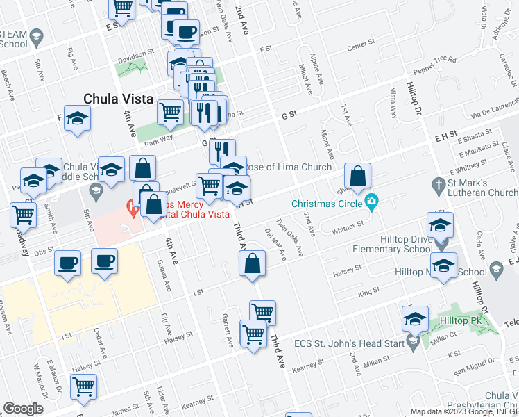 map of restaurants, bars, coffee shops, grocery stores, and more near 264 H Street in Chula Vista