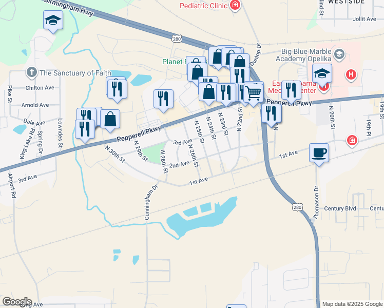 map of restaurants, bars, coffee shops, grocery stores, and more near 202 North 26th Street in Opelika