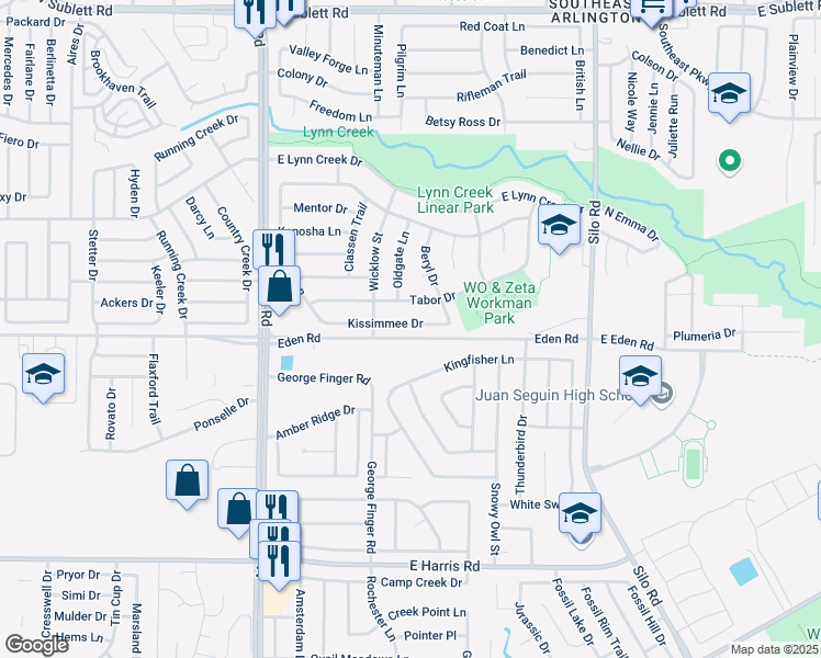 map of restaurants, bars, coffee shops, grocery stores, and more near 306 Kissimmee Drive in Arlington