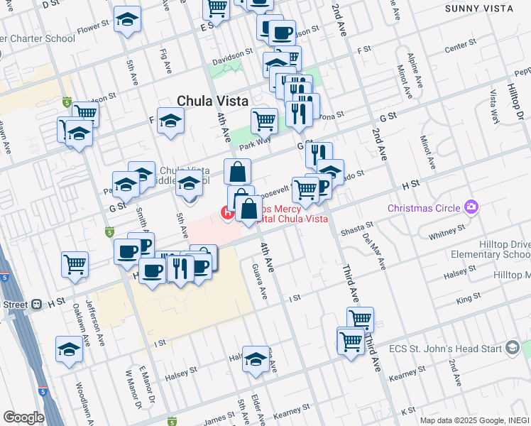 map of restaurants, bars, coffee shops, grocery stores, and more near 617-2 Chula Vista Street in Chula Vista
