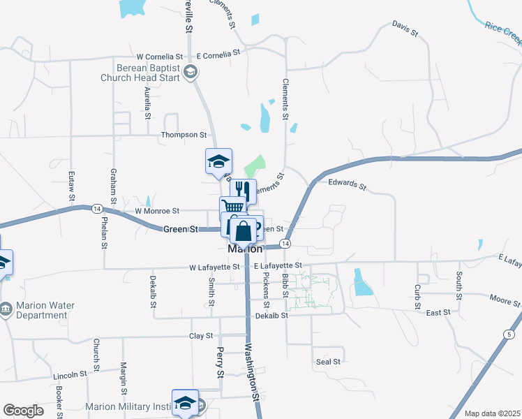 map of restaurants, bars, coffee shops, grocery stores, and more near 202 Monroe Street in Marion