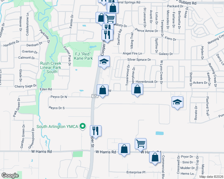 map of restaurants, bars, coffee shops, grocery stores, and more near 1123 Edenbrook Drive in Arlington