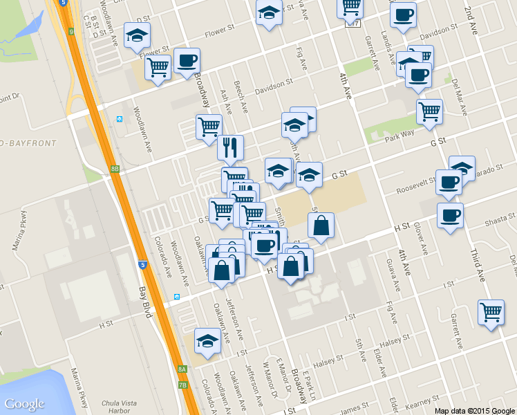 map of restaurants, bars, coffee shops, grocery stores, and more near 589 Vance Street in Chula Vista