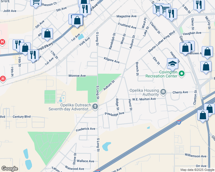 map of restaurants, bars, coffee shops, grocery stores, and more near 1605 Auburn Street in Opelika