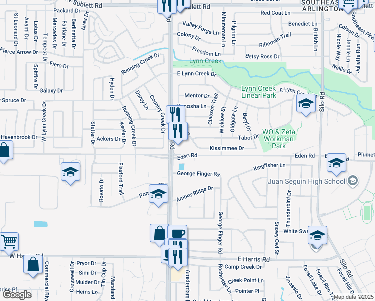map of restaurants, bars, coffee shops, grocery stores, and more near 6851 Matlock Road in Arlington