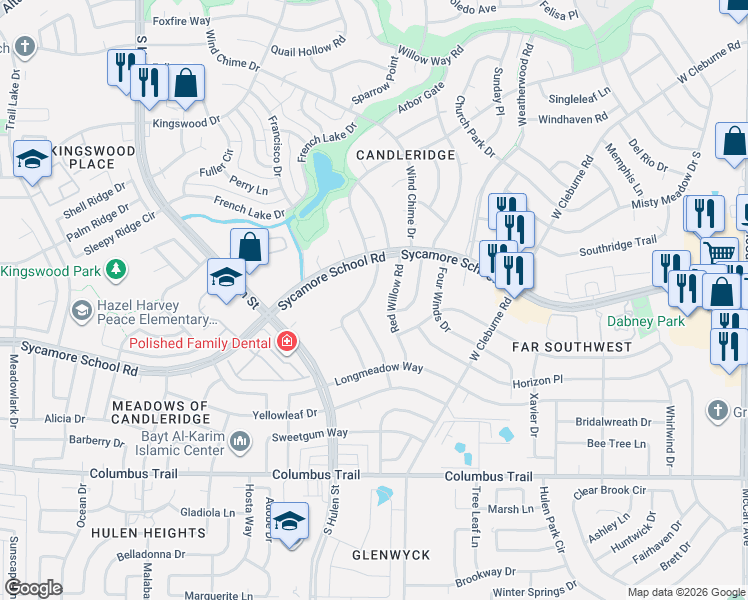 map of restaurants, bars, coffee shops, grocery stores, and more near 7545 Parkwood Lane in Fort Worth