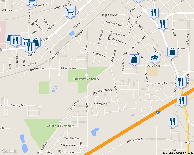 map of restaurants, bars, coffee shops, grocery stores, and more near 1605 Auburn Street in Opelika