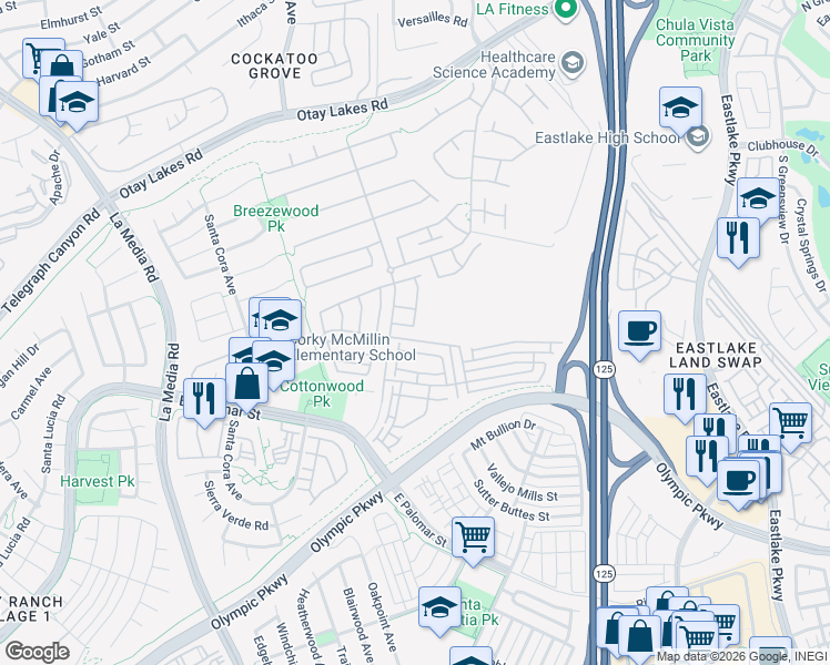 map of restaurants, bars, coffee shops, grocery stores, and more near 1207 Barton Peak Drive in Chula Vista