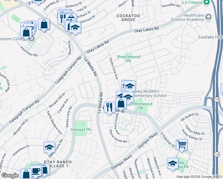 map of restaurants, bars, coffee shops, grocery stores, and more near 1717 Bramblewood Street in Chula Vista