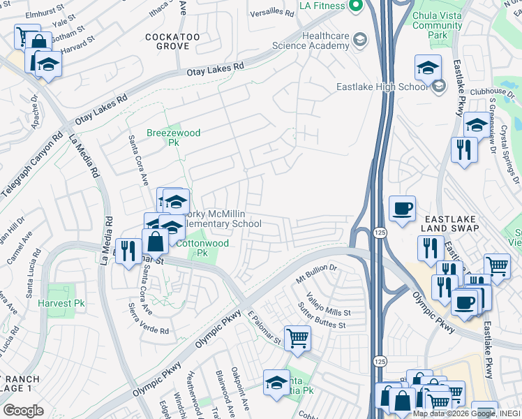 map of restaurants, bars, coffee shops, grocery stores, and more near 1207 Barton Peak Drive in Chula Vista