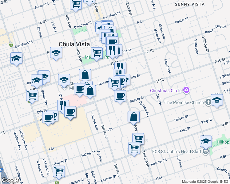 map of restaurants, bars, coffee shops, grocery stores, and more near 318 H Street in Chula Vista