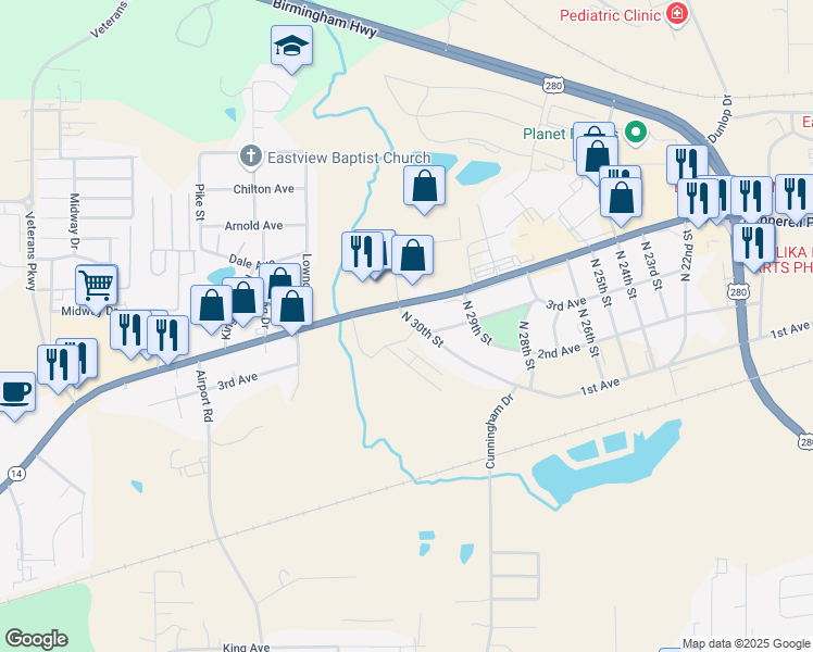 map of restaurants, bars, coffee shops, grocery stores, and more near 300 North 30th Street in Opelika