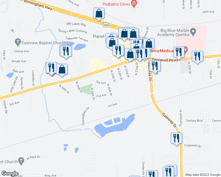 map of restaurants, bars, coffee shops, grocery stores, and more near 205 North 26th Street in Opelika