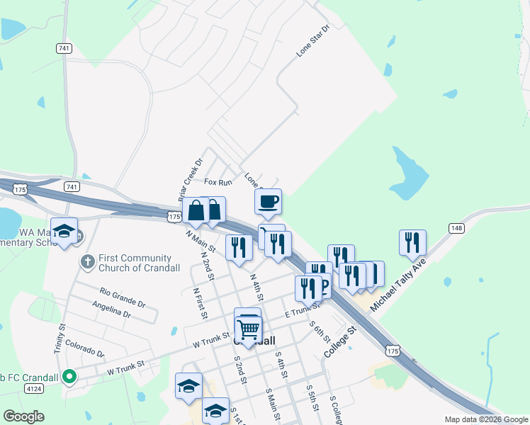 map of restaurants, bars, coffee shops, grocery stores, and more near 200 County Road 269 in Crandall