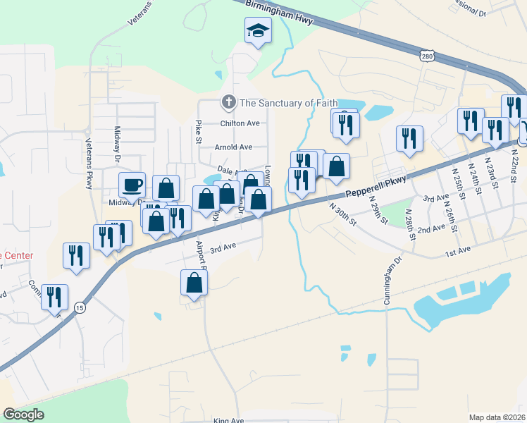 map of restaurants, bars, coffee shops, grocery stores, and more near 1701-1799 Lowndes Street in Opelika