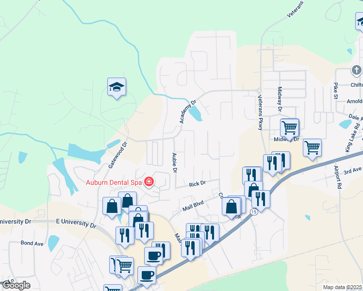 map of restaurants, bars, coffee shops, grocery stores, and more near 1313 Tulip Court in Auburn